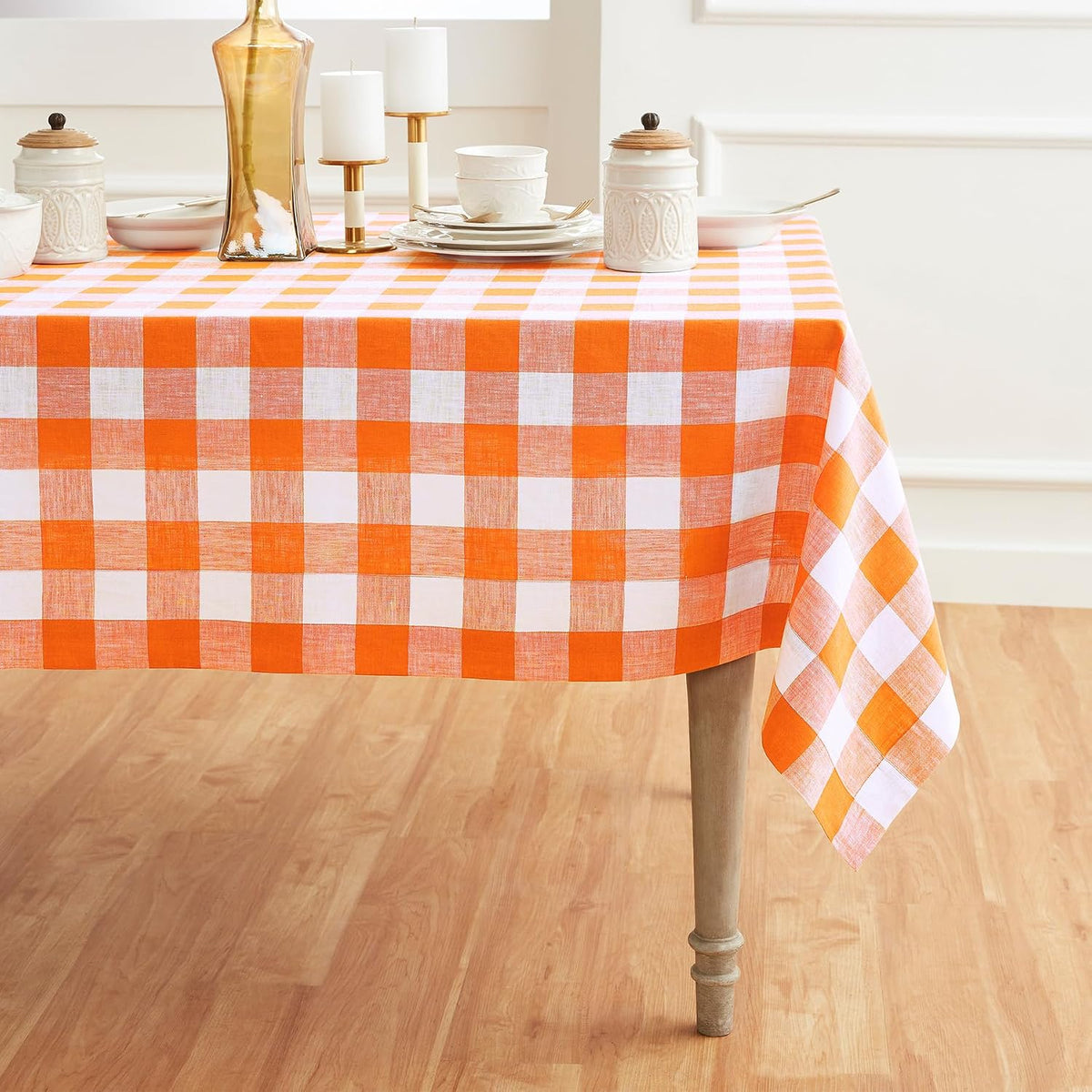 Solino Home 100% Linen Tablecloth, 60 x 108 in, Pumpkin and White Check