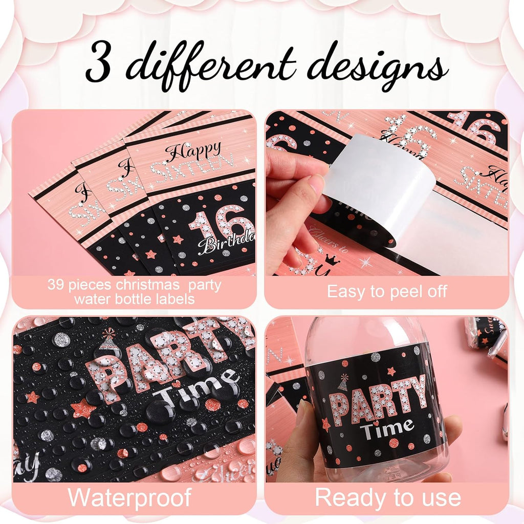 Zonon 39 Pieces Happy 16 Water Bottle Labels 16th Birthday Water Bottle Wrappers Happy Sixteen Waterproof Label Stickers for 16th Girls Birthday Party Decorations Guests Favors (Pink)