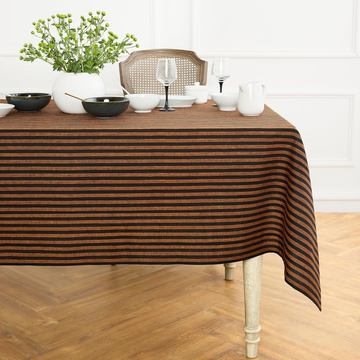 Solino Home 100% Linen Tablecloth, 60 x 90 in, Pumpkin and Black Striped
