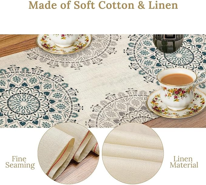 Boho Flower Table Runner, Bohemian Turquoise Mandala White Teal Floral Kitchen Dining Table Runners for Indoor Outdoor Home Party Holiday Decor, 13x60inch
