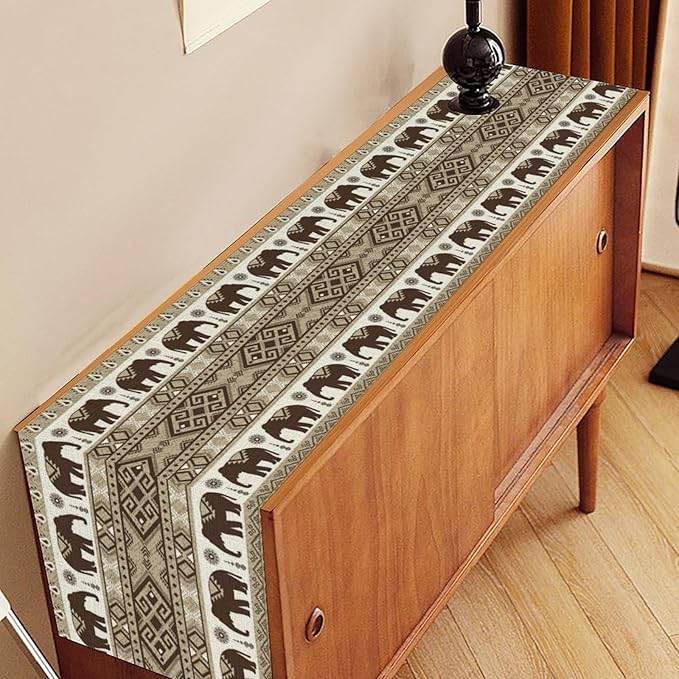 Ethnic Table Runner, Rustic Farmhouse Boho Indian Bohemian Elephant Aztec Tribal Print Beige Table Center Decor for Home Kitchen Dining Patio Holiday Party Indoor Table Decorations, 13"x90" Inch
