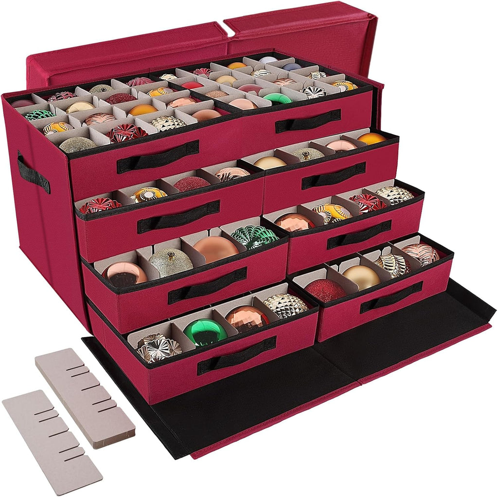 BlessedSeason Christmas Ornament Storage Box，Stackable 6 Drawer Organizers，Max 112 3" Christmas Dauble, Adjustable Christmas Ball Storage Container Bins, Red