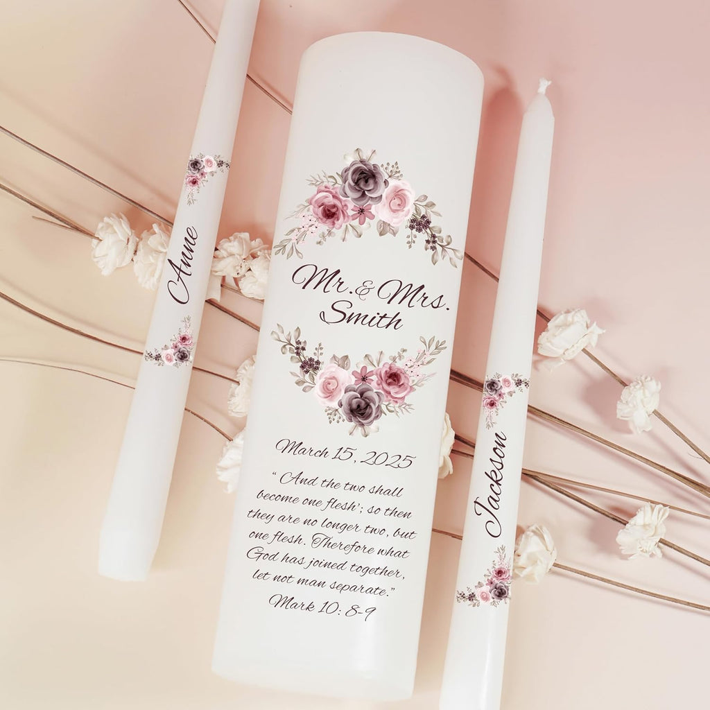Unity Candles for Wedding, Mr and Mrs Modern Unity Set, Custom and Personalized Pillar and Taper Candles with Bible Quote, Unscented White Premium Wax, Religious and Wedding Ceremony, Special Events