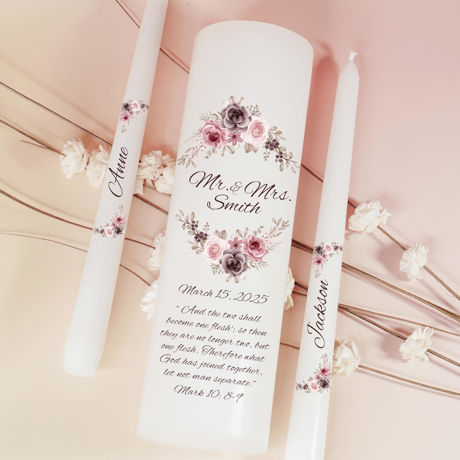Unity Candles for Wedding, Mr and Mrs Modern Unity Set, Custom and Personalized Pillar and Taper Candles with Bible Quote, Unscented White Premium Wax, Religious and Wedding Ceremony, Special Events