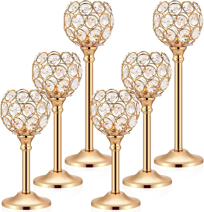 Mimorou 6 Pack Crystal Candle Holders Gold or Silver Candle Holders Bulk Tealight Candlestick Crystal Candelabras for Wedding Party Valentine Christmas Dining Table Centerpieces Decoration (Gold)