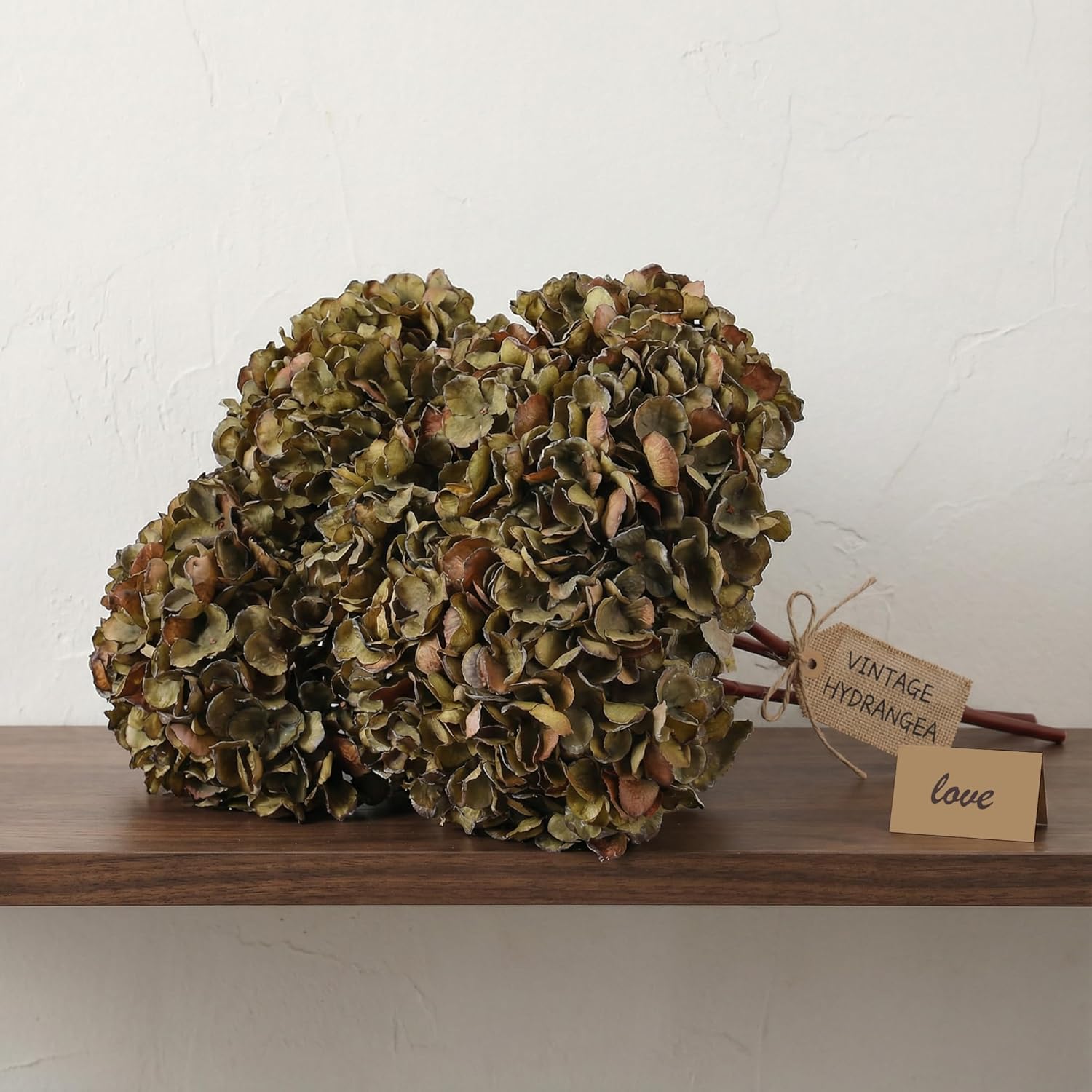 Fall Artificial Dried Hydrangea Flowers, Vintage Green Dried Look, Fall Faux Flowers, Single Stem (Autumn Green, 4pcs)