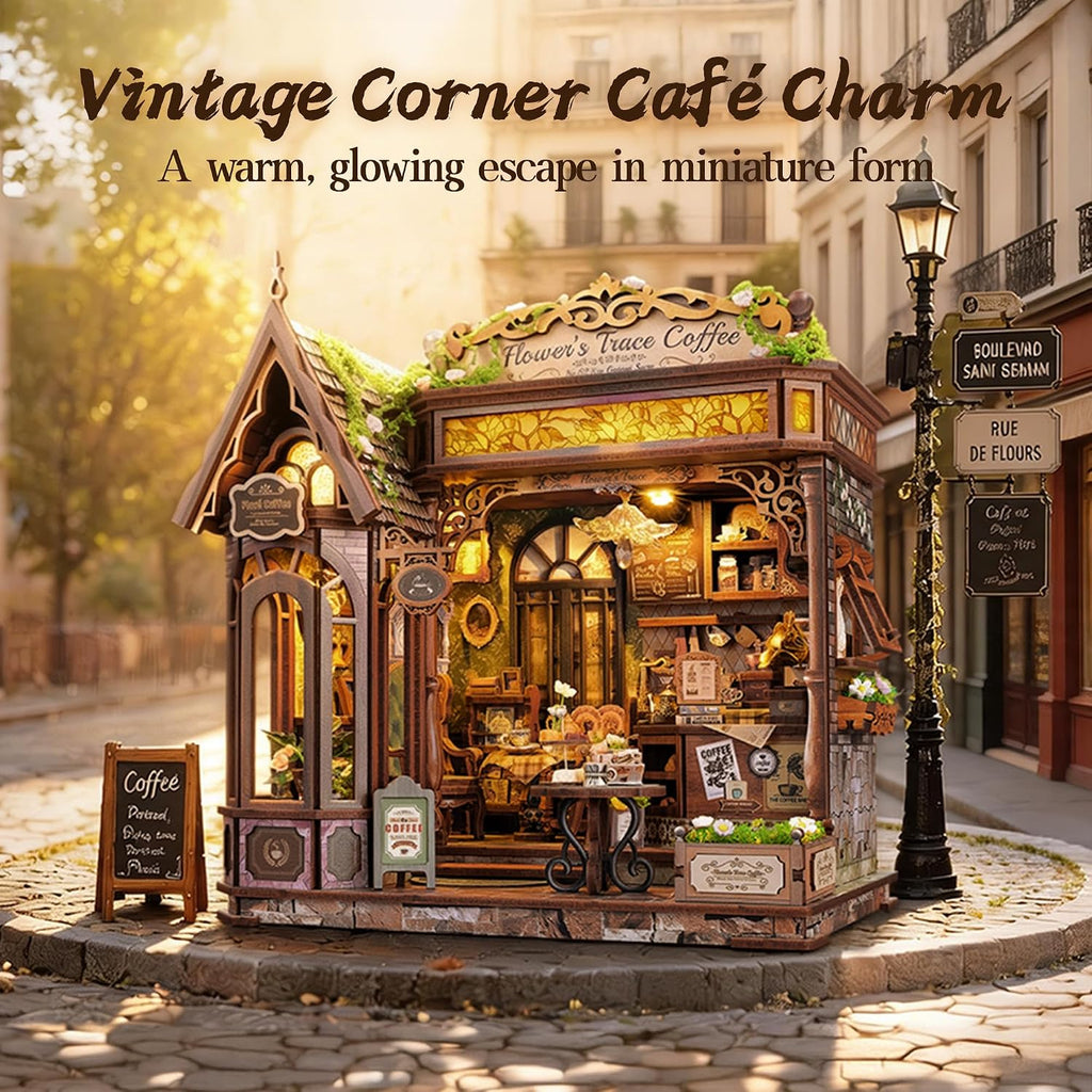 funpola floral mark café diy miniature dollhouse, 3d shown in use