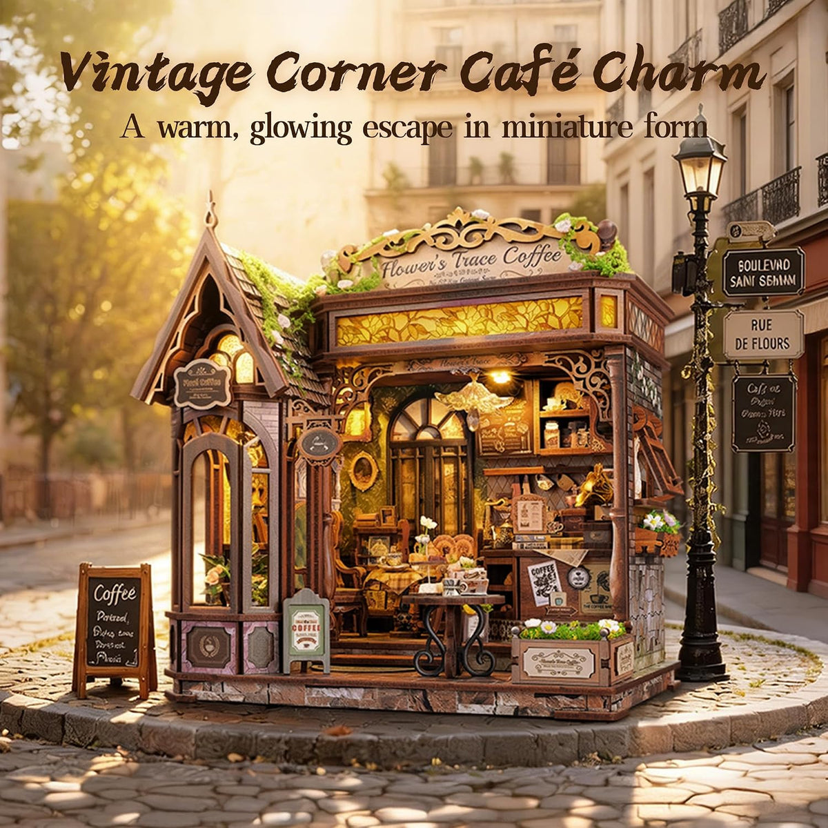 funpola floral mark café diy miniature dollhouse, 3d shown in use
