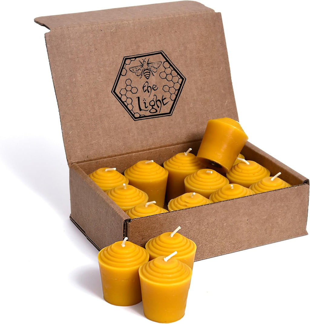 100% Pure Beeswax Votive Candles - USA-Sourced Handmade Votives for Home, Christmas, and Advent, Smokeless Unscented 12 Candle Set with Natural Honey Aroma, 1.96 x 1.77 Inches, by BeeTheLight