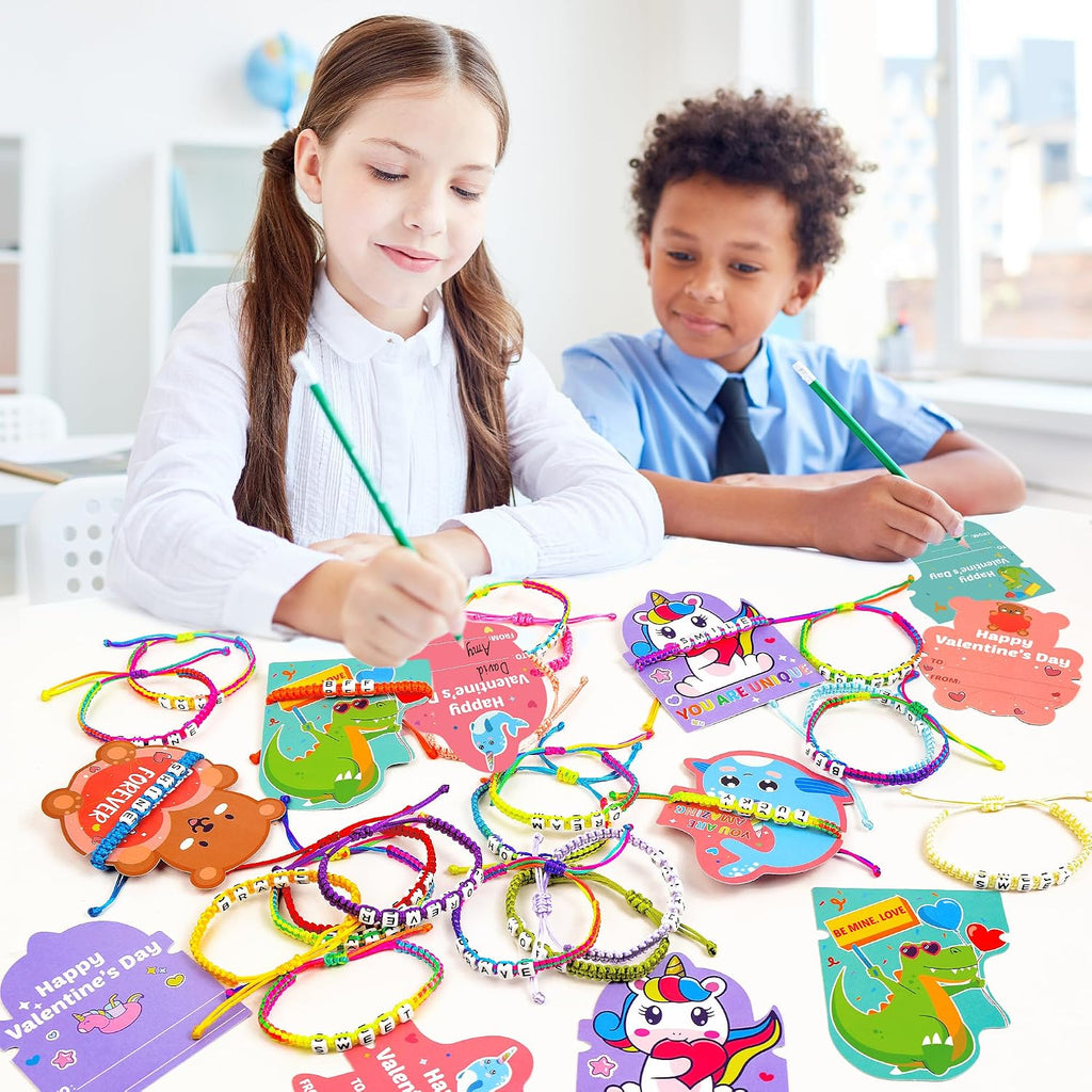 Gofriipai Valentines Day Cards for Kids School with Bracelets 24 Pack, Valentines Day Gifts for Kids Classroom with Friendship Bead Bracelets, Exchange Gift Valentine Party Favors for Kids Girls Boys