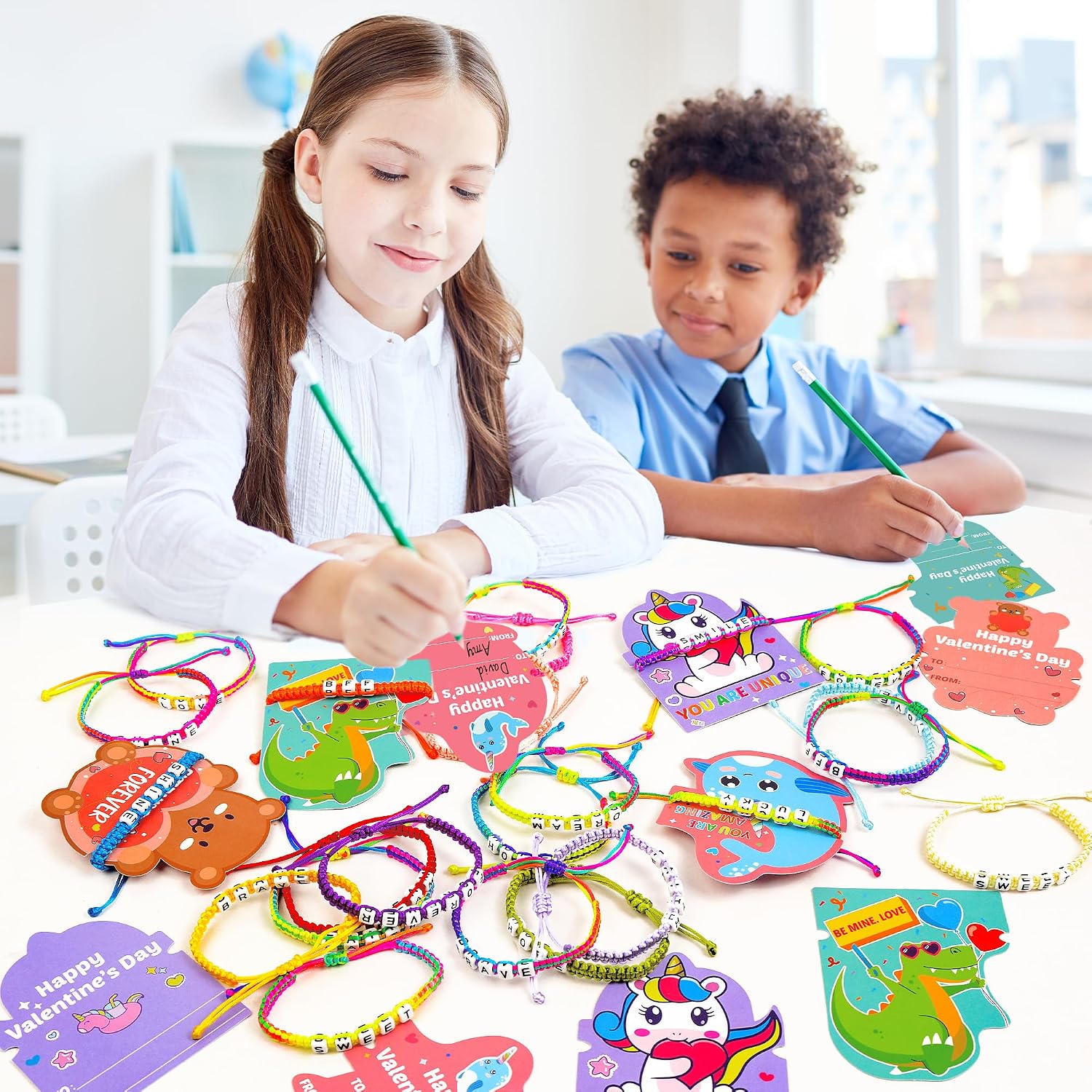 Gofriipai Valentines Day Cards for Kids School with Bracelets 24 Pack, Valentines Day Gifts for Kids Classroom with Friendship Bead Bracelets, Exchange Gift Valentine Party Favors for Kids Girls Boys