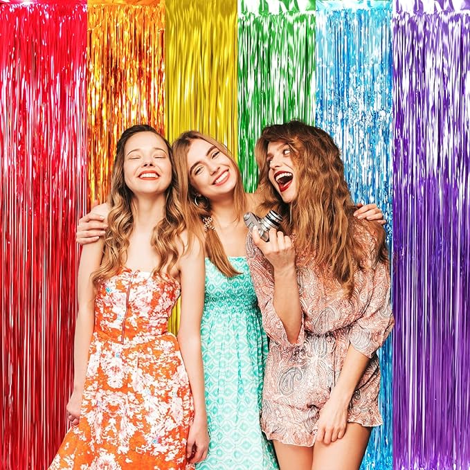 GOER 3.2 ft x 8.2 ft Metallic Tinsel Foil Fringe Curtains Party Photo Backdrop Party Streamers for Birthday,Graduation,New Year Eve Decorations Wedding Decor (4 Packs,Rainbow Colors)