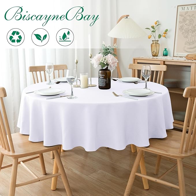 Biscaynebay Textured Fabric Round Tablecloths 60 Inches for Tables diameters from 28" to 48", White Table Cloth Water Resistant Small Circle Folding Table Covers for Dining Kitchen Wedding Parties