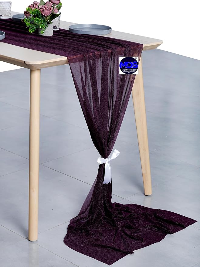 MDS 2 Pack 14ft Chiffon Table Runner 29 x 170 Inches Sheer Wedding Runner Romantic Rustic Table Runner for Wedding Decorations, Birthday Parties, Bridal Shower Party Arch Decor - Eggplant