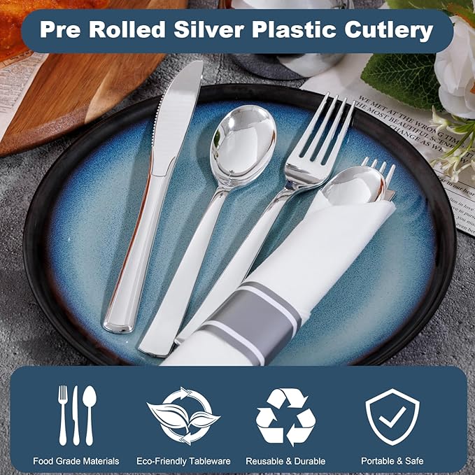 50Guests Pre Rolled Silver Plastic Silverware Sets - Heavy Duty Silver Cutlery - Include 50 Pack Wrapped Disposable Utensils with Napkins for Parties & Dinners & Weddings