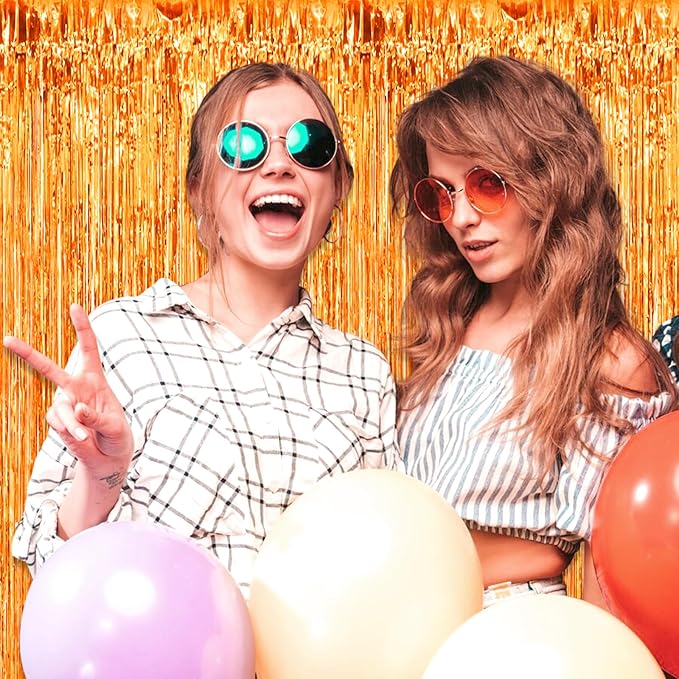 6 Pack Orange Foil Fringe Curtain Backdrop, 3.28Ft x 8.2Ft Metallic Tinsel Foil Fringe Streamer Curtains for Photo Booth, Birthday, Wedding, New Year Party Decorations