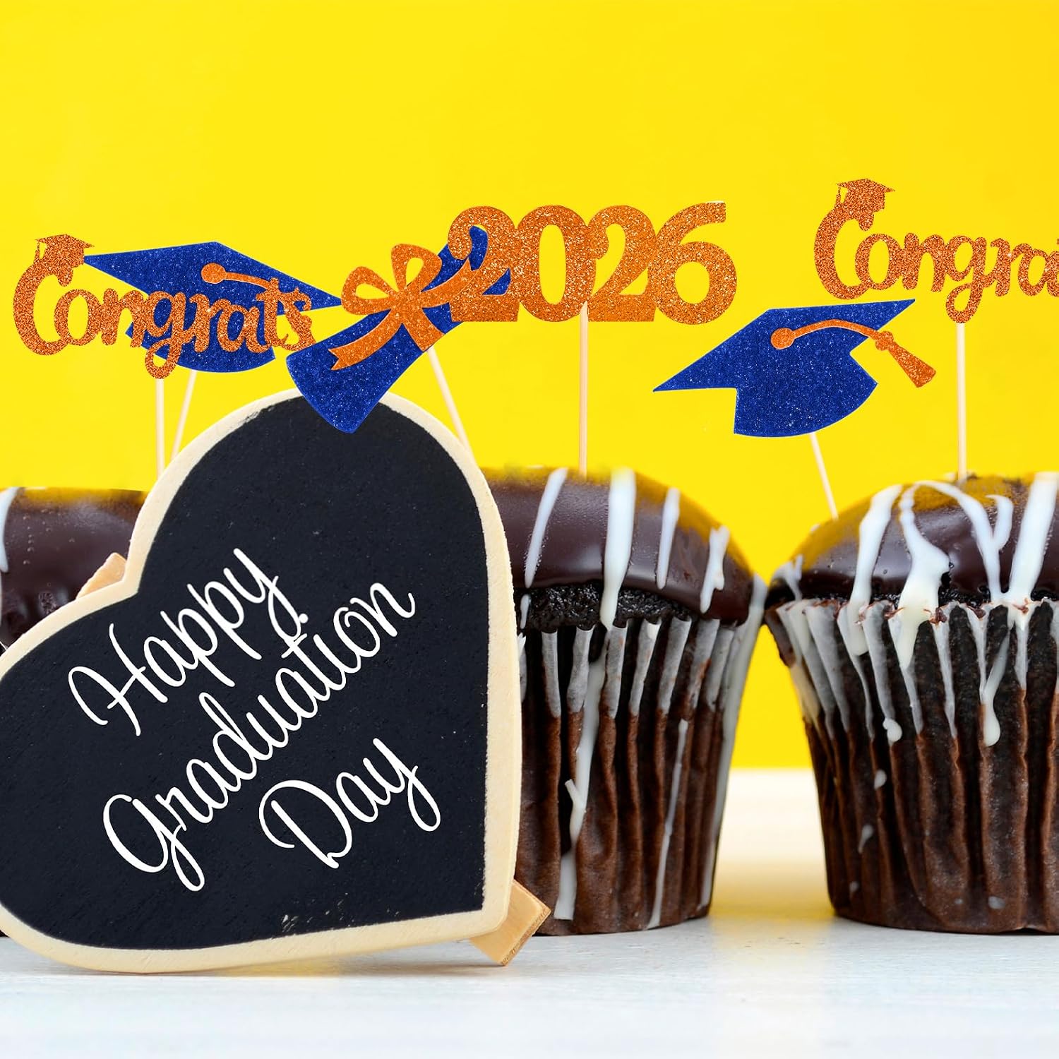 Chinco 100 Pack 2026 Graduation Decoration 2026 Graduations Cupcake Toppers Glitter Congrats Grad Cap Cake Caps Party Decorations Diploma Cupcake Picks for Graduation Party Decor(Blue and Orange)