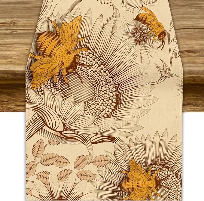 Vintage Bee Table Runner, Rustic Retro Wildflowers Print Home Farmhouse Table Cover for Party Indoor Outdoor Decoration Kitchen Dining Table Decor, 13x120inch