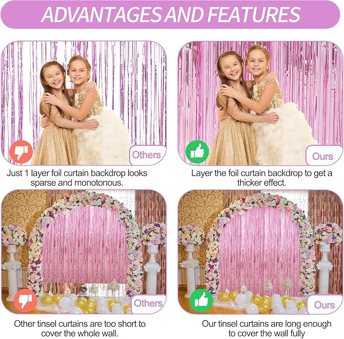 Crosize 8 Pack 3.3 x 9.9 ft Pink Foil Fringe Curtains Party Decorations, Pink Tinsel Curtain Backdrop for Parties, Door Streamers, Glitter Streamer Backdrop for Birthday Decoration