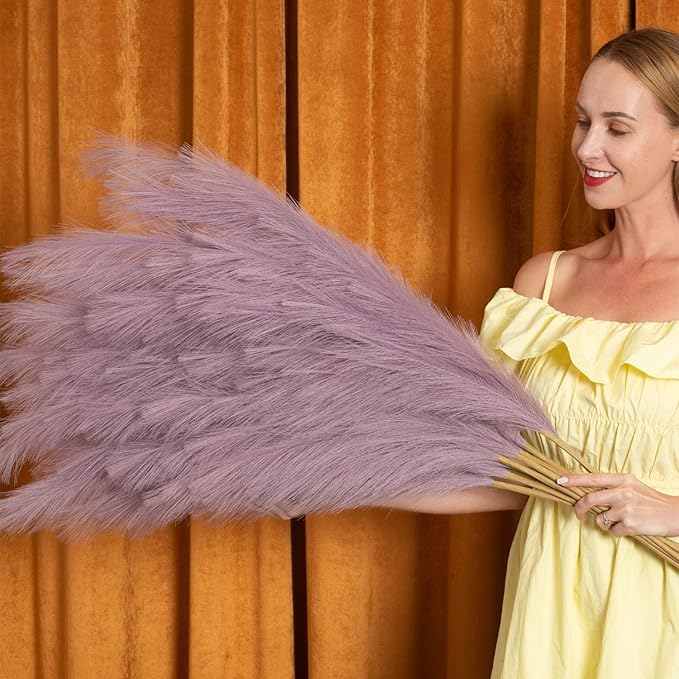 EVODIS Pampas Grass Decor Tall, 43"/110cm Faux Pampas Grass 6 Stems Large Pompass Grass Branches Tall Bulk Boho Flower Arrangement for Home Room Wedding Party Decor (Light Purple)