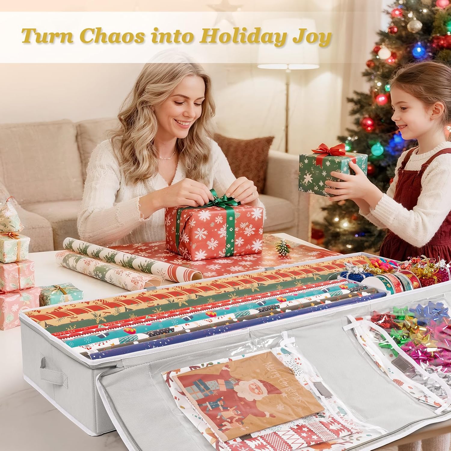 Criusia Gift Wrapping Paper Organizer Storage, Durable Underbed Storage Container Fits 24 Rolls, with Removable Dividers and Pockets for Ribbon, Ornaments, Holiday Accessories, Grey