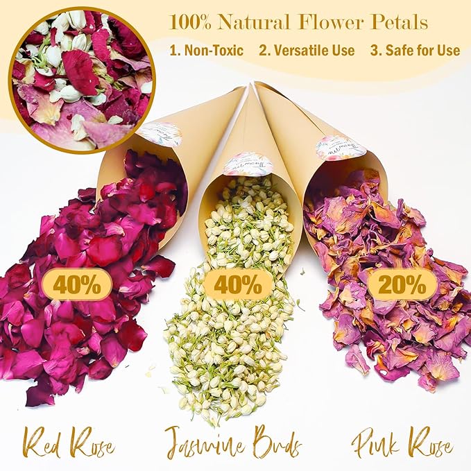 20+ Cups Mix Real Rose Petals Biodegradable Wedding Confetti, 2 QT of Pink Red Flower Jasmine for Ctaft Proposal Party Decor Flower Girls, Bath salt Candle Soap Making