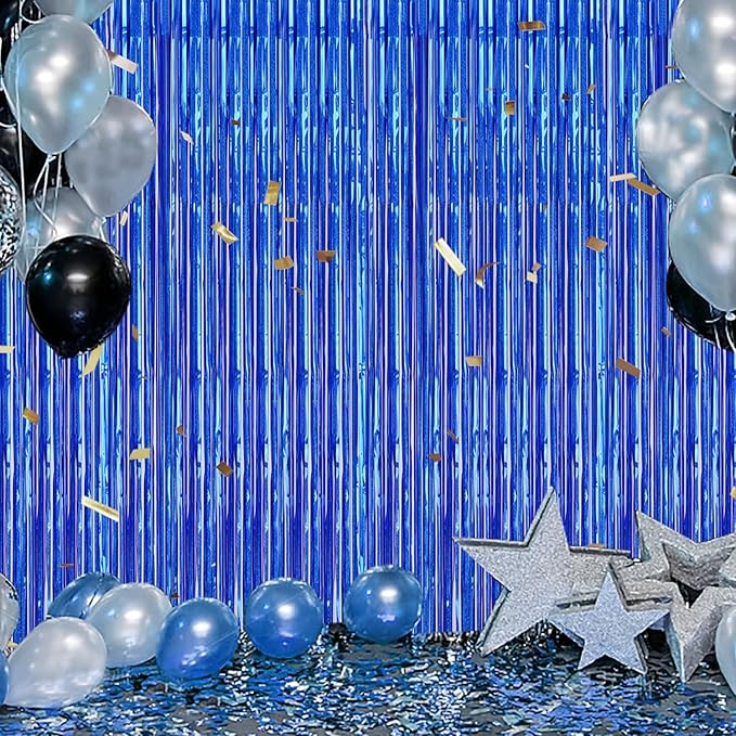 3 Pack Foil Fringe Backdrop - Laser Royal Blue Shiny Tinsel Curtains for Party Decoration/Photo Booth Props - 3.3x8.2 FT Metallic Foil Backdrop for Birthday, Wedding, Graduation, Christmas
