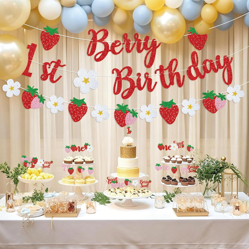 Berry First Birthday Decor, Berry 1st Cupcake Toppers Decorations | Berry 1st Banner, Sweet One, Strawberry, for Baby Shower Decorations, Girls First Birthday Party Supplies