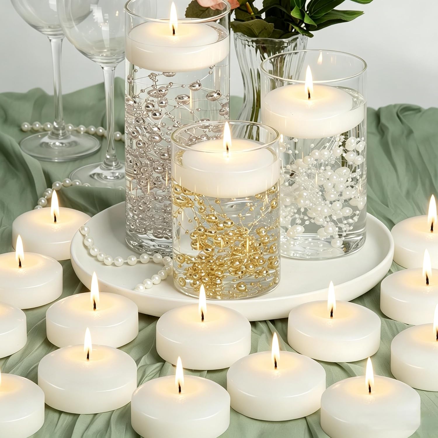 Floating Candles 3-Inch - Large White 12 Pack 8-10 Hour Slow Burn | Unscented Dripless Non Toxic Odorless Real Wax Wedding Centerpieces