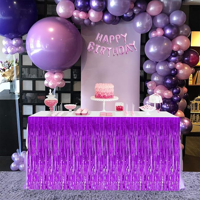 BEISHIDA 2 Pack Dark Purple Metallic Tinsel Foil Fringe Table Skirts for Rectangle and Round Tables - Birthday & Holiday Party Decorations