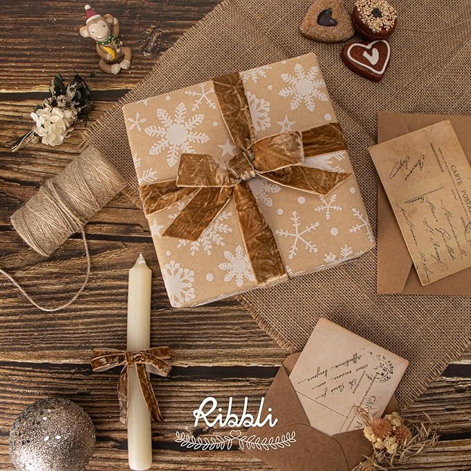 Ribbli Khaki Velvet Ribbon 1 Inches Luxury Crinkled Brown Christmas Ribbon for Gift Wrapping Crafts Home Decor-Continuous 10 Yard