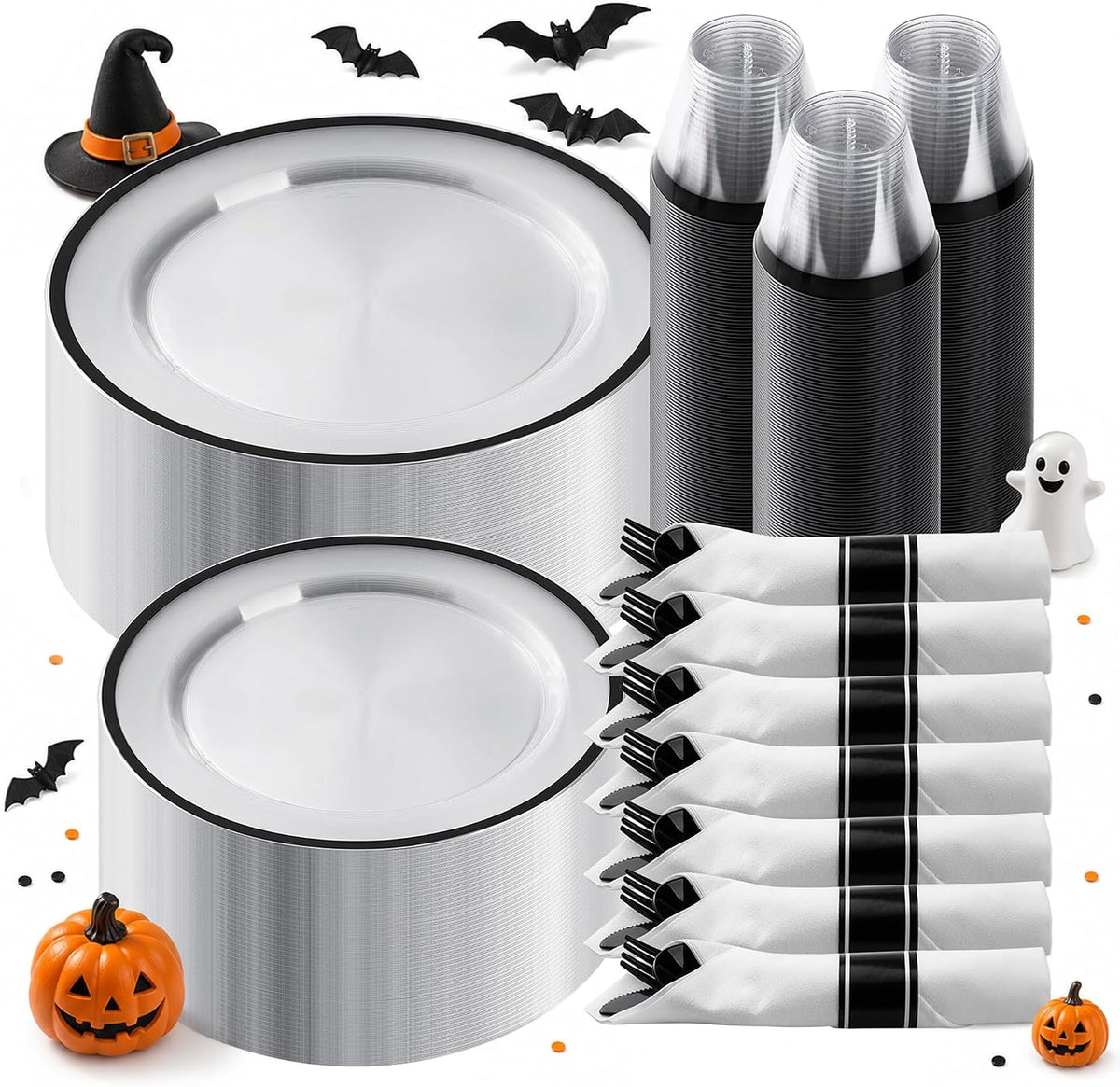BESTSTAR 350 PCS Clear and Black Disposable Plastic Plate Set for 50 Guests