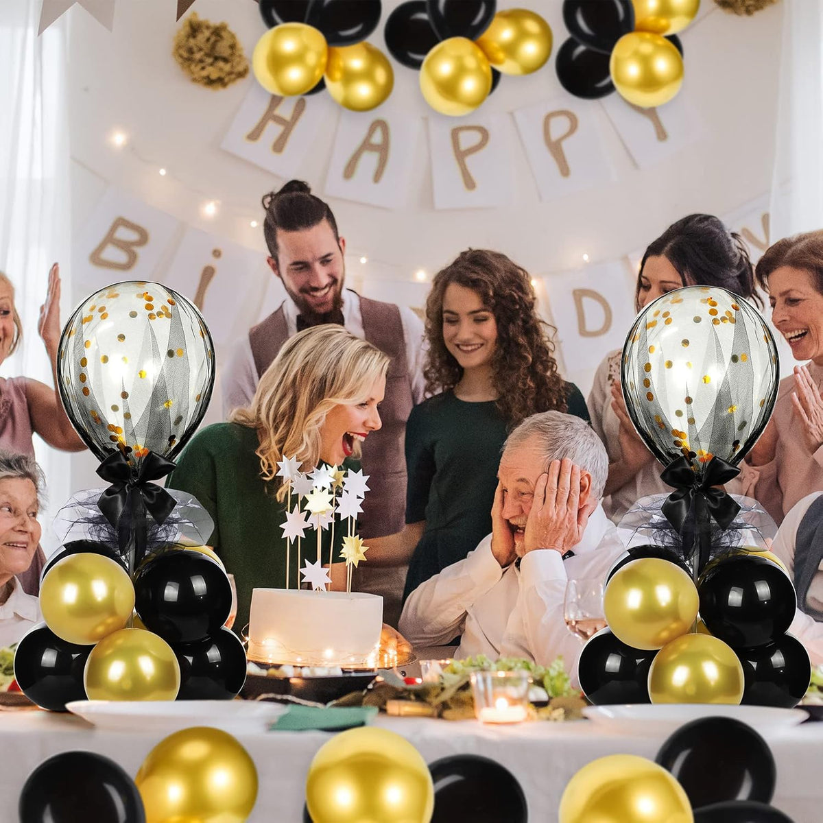 bbto 8 set gold black table centerpieces balloons, side view