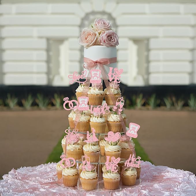Ephlyn 30Pcs He Asked She Said Yes Cupcake Toppers Glitter Engagement Cupcake Toppers Diamond Ring Heart Love I Do Cupcake Picks for Engagement Wedding Party Cake Decorations Pink