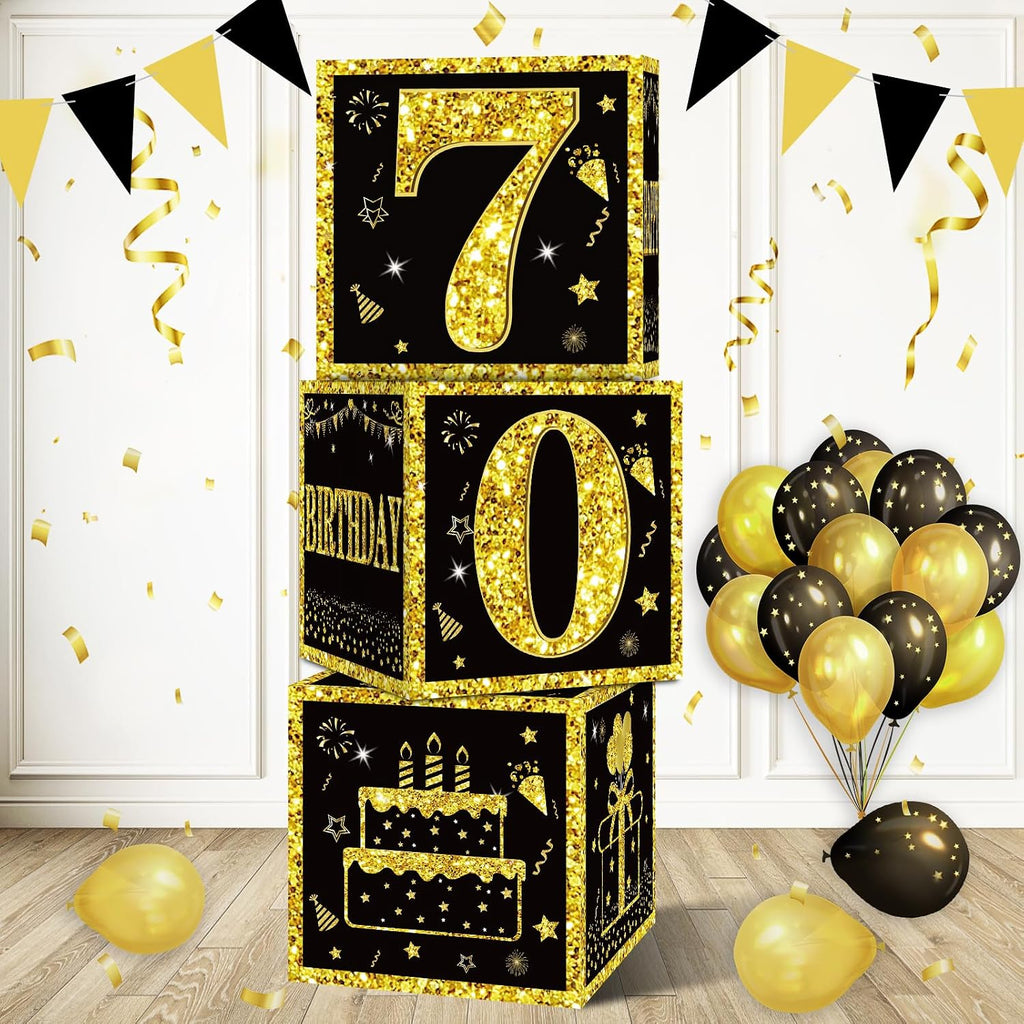 Eiurteao 3pcs 70th Birthday Decorations Boxes for Men Women, Black Gold Happy 70 Birthday Balloons Boxes Party Supplies, 70 Year Old Bday Theme Cardboard Box