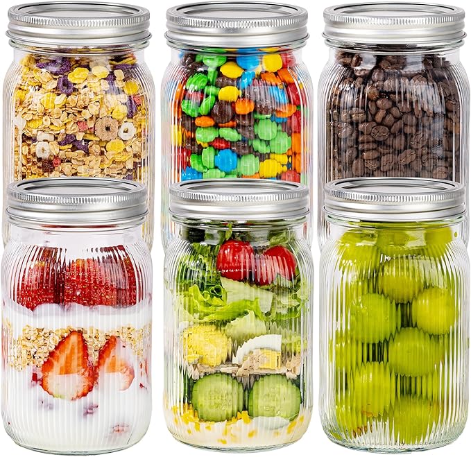MirthMood 32 OZ Wide Mouth Mason Jars, 6 PACK Glass Mason Jars with airtight Lids, Quart mason jars wide mouth for Fermenting, Pickling, Freezing, Preserving, Meal Prep, Jar Décor