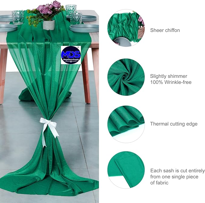 MDS 2 Pack 14ft Chiffon Table Runner 29 x 170 Inches Sheer Wedding Runner Romantic Rustic Table Runner for Wedding Decorations, Birthday Parties, Bridal Shower Party Arch Decor - Emerald Green