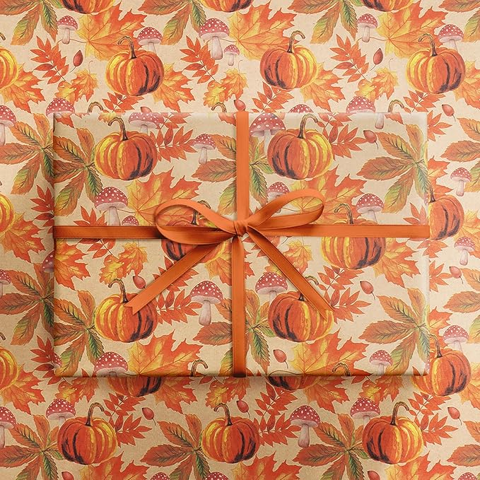 RUSPEPA Fall Wrapping Paper Roll, Mini Roll, Watercolor Pumpkin, Autumn Leaf and Mushroom Design, Autumn Kraft Gift Wrap Paper for Thanksgiving, Fall Party, Harvest, 17 Inches x 16.4 Feet