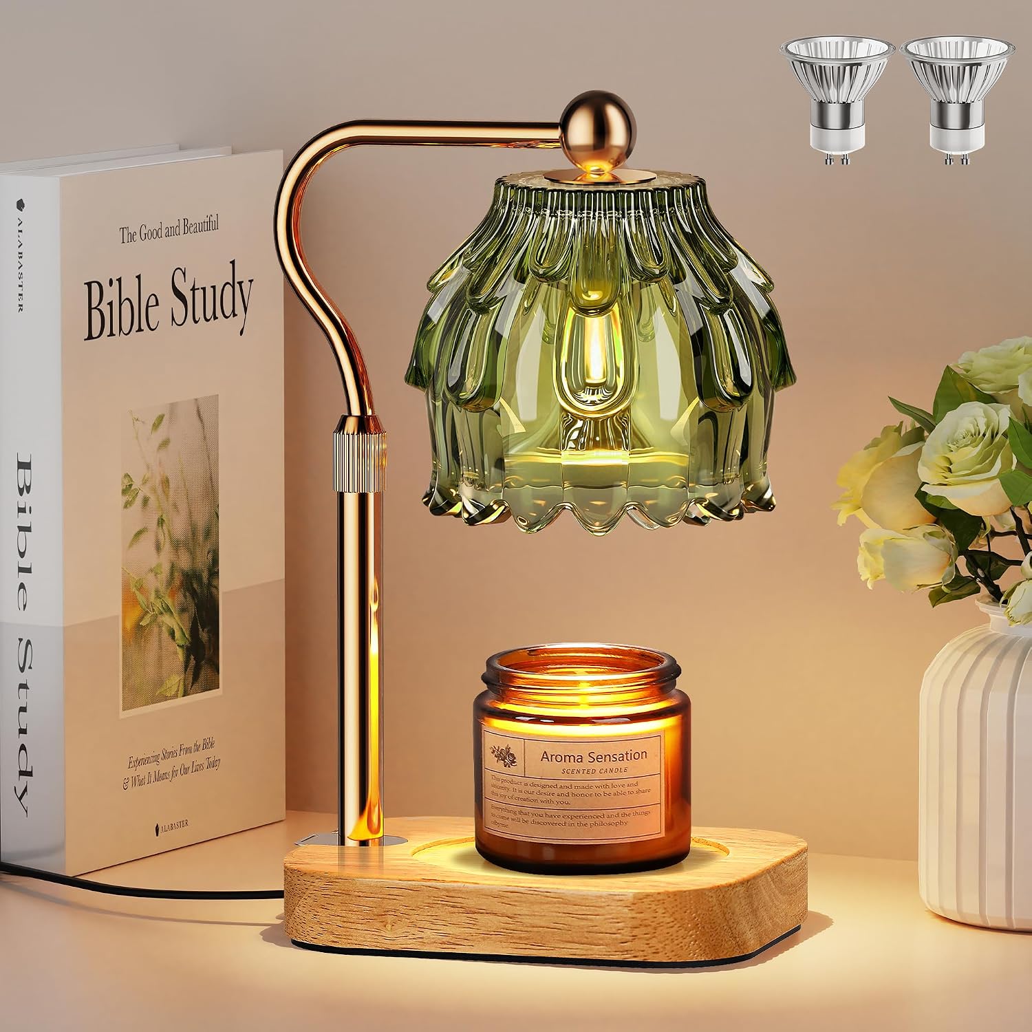 Candle Warmer Lamp with Timer Dimmer, Modern Wax Warmer for Scented Wax Jar Candle Warmer with 2 Bulbs, Adjustable Height Glass Lamp for Gifts for Women, Home Decor, Gold Green
