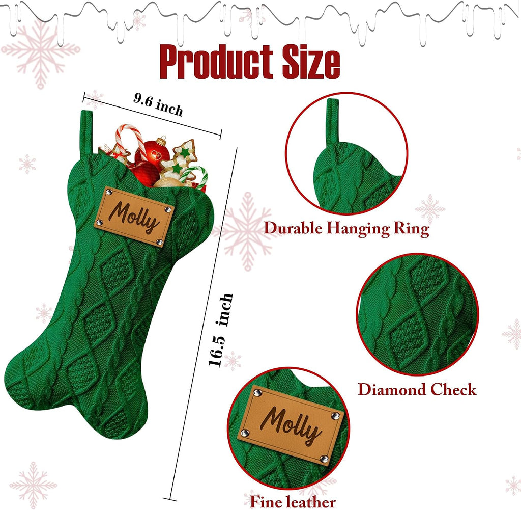 Funny DIY Personalized Dog Christmas Stocking, Large Bone Shape Cable Knit Custom Name Embroidered Dog Xmas Stockings, Knitted Hanging Stockings Pets