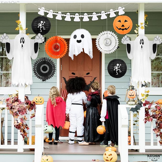 KatchOn, Hanging Ghosts Halloween Decor - Pack of 10 | Xtralarge Indoor Halloween Hanging Decorations, Ghost Garland Decorations, Paper Lanterns, Hanging Paper Fans | Spooky Hanging Decorations