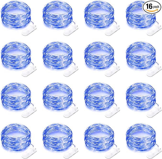 16 Pack Led Fairy Lights Battery Operated String Lights 10 Feet 30 LED Waterproof Twinkle Lights Mason Jar Lights Silver Wire Firefly Lights for Christmas Party Wedding Patio (Blue)