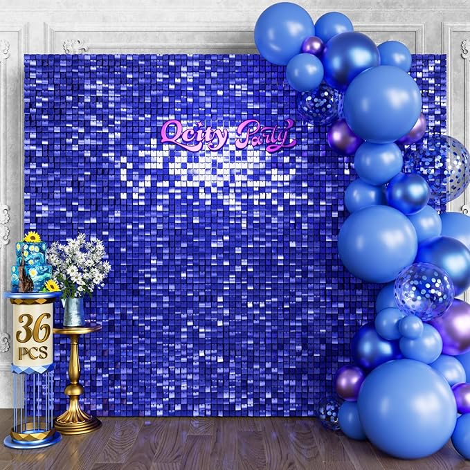 Qcity Blue Shimmer Wall Backdrop 36PCS, Black Back Not See-Through Design, Square Sequin Glitter Backdrop Panel, Perfect for Outdoor Events, Birthdays, Wedding and Party Decoration