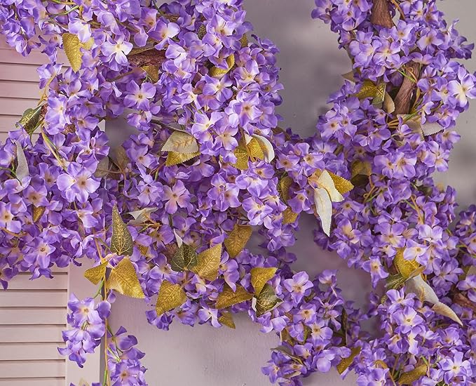 Flower Garland, Artificial Hydrangea Vine Flowers, Hanging Fake Hydrangeas Vine for Room Anniversary Wedding Birthday Christmas Wall Arch Decor, 2 Pcs, Floral Garland, Purple Flower
