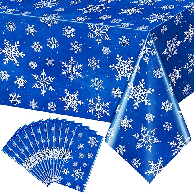 Jectivs 12 Pieces Christmas Snowflake Plastic Party Tablecloth Decorations,White Snowflake Blue Xmas Backdrop Sign Table Cover Banner for Winter Christmas Holiday Party Supplies,54x108 inch (Blue)