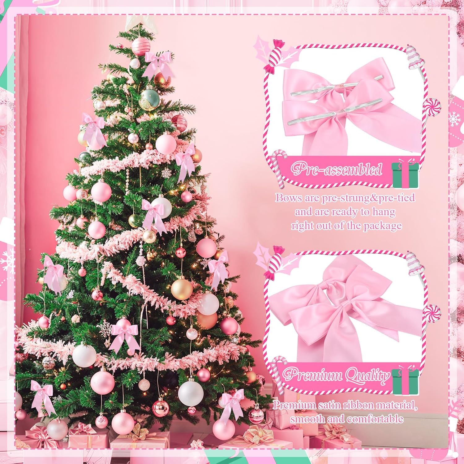 24 Pcs Pink Satin Ribbon Bows Christmas Tree Decorations, Christmas Wreath Bow Topper for Xmas Gift Packaging Home Wreath Fence Fireplace Wedding Party Decor