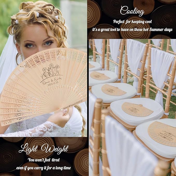 100 PCS Custom Fans Personalized Folding Fans for Line Dancing Wooden Hand Fan Wedding Favors Bulk Fans for Guests Party Event Use (Style15)