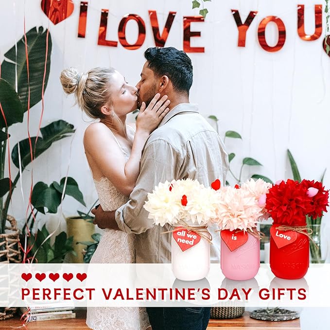 CNVOILA Valentines Table Decor, 6PC Mason Jars, Glass, Cylindrical, White, Red, Pink - Valentine's Day, Anniversary, Wedding, Farmhouse Decor