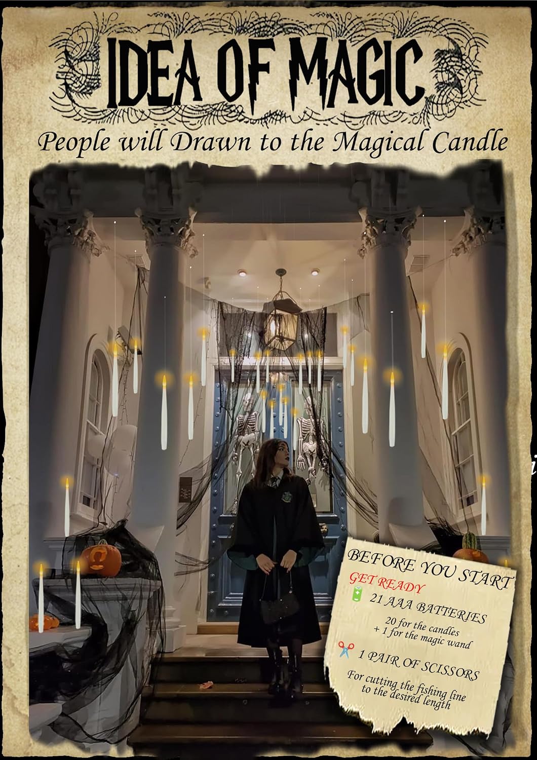 halloween decoration floating candle with wand magic led showing dimensions