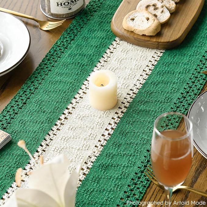 Artoid Mode Dark Green Farmhouse Rustic Table Runner, Seasonal Hollow Kitchen Dining Table Decoration for Home Party Decor 12x36 Inch